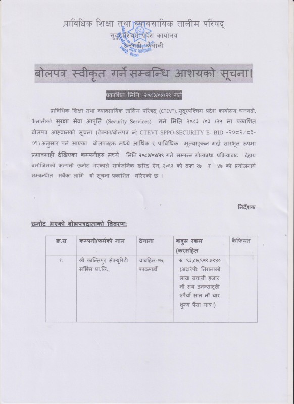 बोलपत्र स्वीकृत गर्ने सम्बन्धि आशयको सूचना -2083-04-29